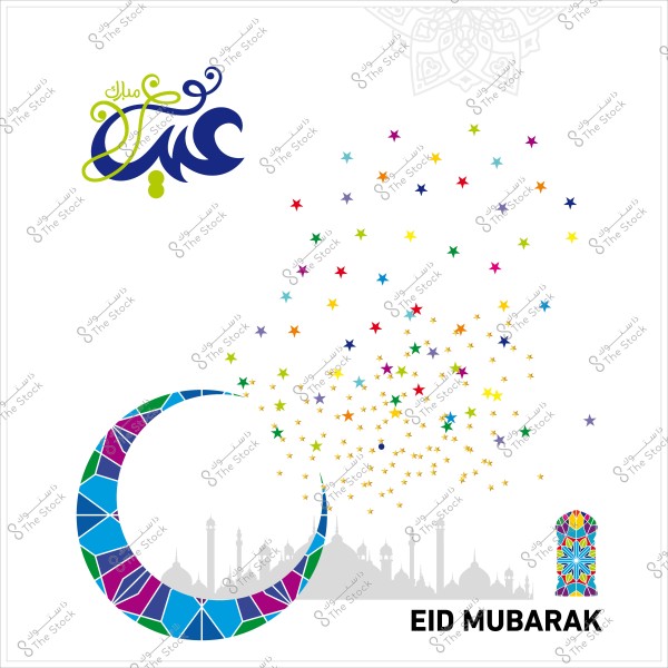 A design representing Eid Mubarak, featuring the phrase \"عيد مبارك\" in Arabic script on the top left. A crescent decorated in blue, green, and purple is at the bottom left, with a light gray mosque silhouette in the background. Numerous colorful stars are scattered in the top right of the design. At the bottom right, there is a window adorned with bright colors.