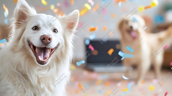 A white fluffy dog is sitting and smiling, surrounded by colorful confetti falling around. In the background, another dog with golden fur is blurred. The background includes simple home furnishings.