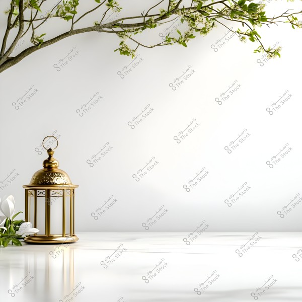 Image shows an ornate golden lantern on a white marble surface, accompanied by white flowers. At the top of the image, blooming tree branches gently curve over the lantern, adding a sense of tranquility and nature.
