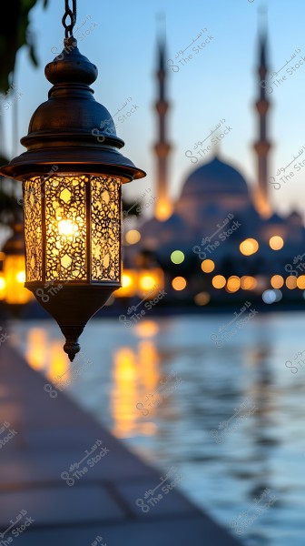 A lit lantern with Islamic patterns hanging with a blurred background of a mosque featuring two domes and minarets at sunset. The warm light from the lantern reflects on the shimmering water surface nearby, creating a serene and spiritual ambiance.