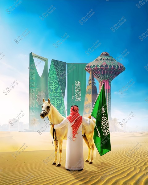 An image of a man wearing a white robe and a red headscarf, standing in the desert holding the Saudi Arabian flag beside a white horse. In the background, prominent landmarks such as the Al Faisaliah Tower and the Kingdom Tower are visible. The clear blue sky enhances the beauty of the desert landscape.