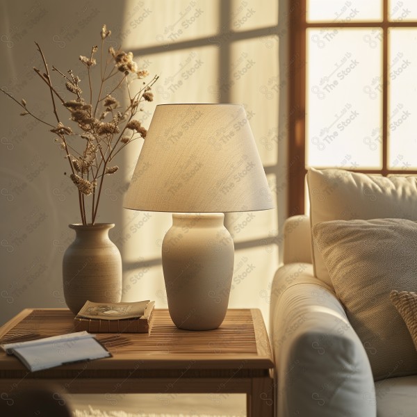 Minimalist living room, beige sofa, decorative pillows, natural light, hardwood floor, cozy, modern, side table, vase with dried flowers, clean design, Scandinavian style.