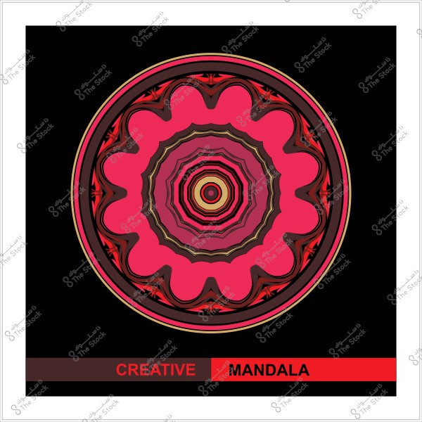 تصميم ماندالا مستدير بألوان زهرية وحمراء على خلفية سوداء مع النص "ماندالا إبداعية" في الأسفل.
