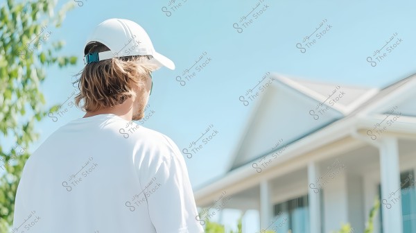 An image of a person wearing a white safety helmet and a white shirt, standing outdoors under a sunny sky and looking at the facade of a modern building. The building in the background features the edge of the roof and a white column.