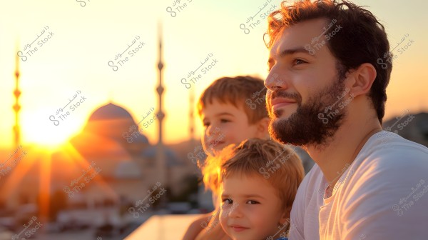 A portrait of a man with two children, seemingly seated outdoors during a sunset. In the background, there\'s a captivating sunset view with the silhouette of mosque minarets and a golden light blending with the scene. The man has a beard and is wearing a white shirt, while the children appear to wear casual children\'s attire.