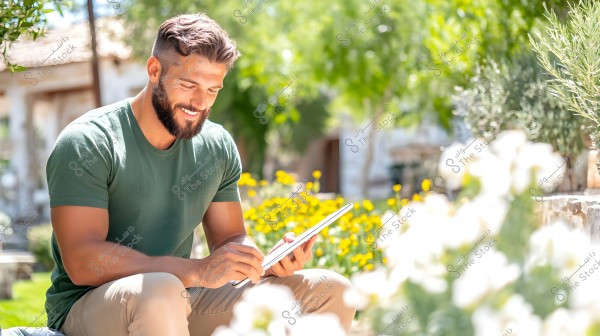 A man is sitting in a green garden, smiling as he uses a tablet. He is wearing a green t-shirt and beige pants. Yellow and white flowers surround him, and the trees in the background create a natural, serene atmosphere.