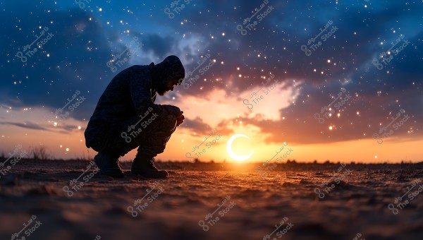 An image of a soldier kneeling in a natural landscape at sunset. The sky is filled with twinkling stars and a prominent crescent moon. The soldier is wearing full military attire with a cap. The ground is flat with sparse grass, and the sunset displays vibrant orange and pink hues across the horizon.