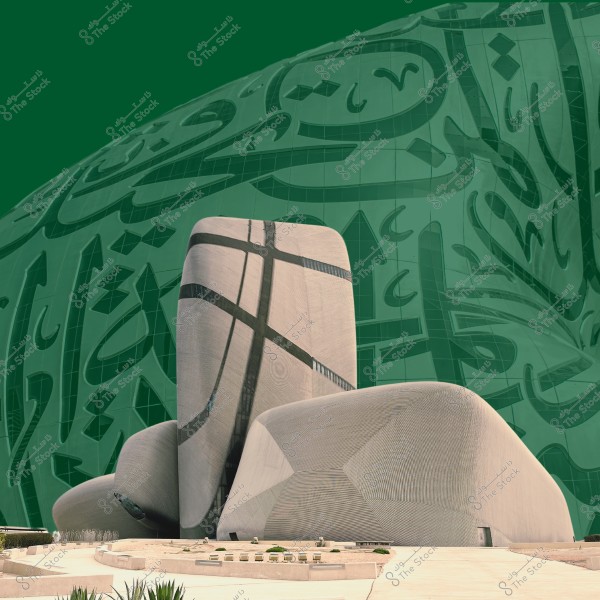 صورة لمبنى عصري بتصميم فريد في مدينة الظهران, المملكة العربية السعودية. يظهر المبنى بواجهات دائرية ملساء بتصاميم معمارية حديثة تتداخل مع بعضها البعض, ويغلب عليه اللون الرمادي. في الخلفية, تظهر واجهة بلون أخضر داكن مع خطوط ونقوش عربية مزخرفة.