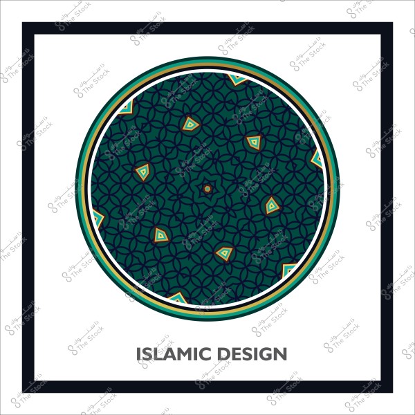 Circular Islamic design decorated in green and navy blue with intricate geometric details.