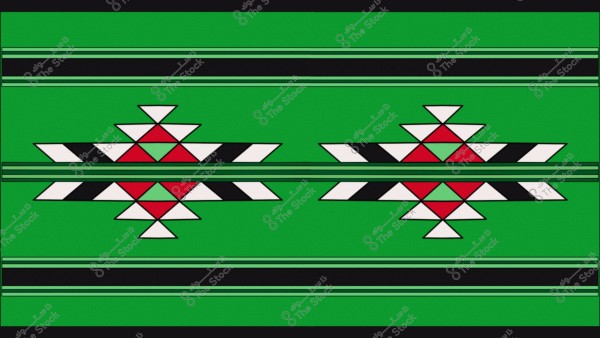 نمط هندسي ملون يحتوي على أشكال ثلاثية الأبعاد بألوان الأحمر والأبيض والأسود مرتبة في شكل نجمي على خلفية خضراء. الصورة تحتوي على نمطين متطابقين موضوعين بجانب بعضهما البعض بشكل أفقي, والجزء العلوي والسفلي يحتويان على خطوط أفقية رفيعة باللونين الأخضر والأسود.