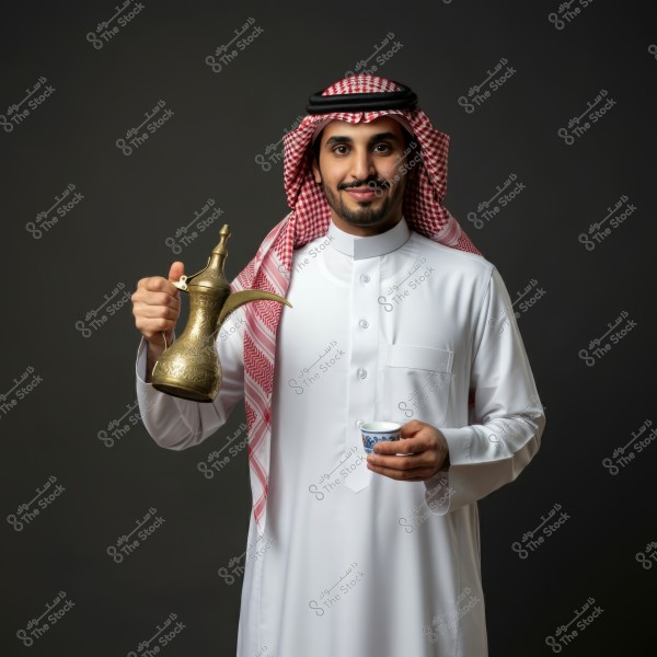 A portrait of a man wearing traditional Saudi attire with a ghutra and agal. He is smiling and holding a traditional brass coffee pot (dallah) in his right hand and a small cup used for serving Arabic coffee in his left hand. The dark background highlights the details of the clothing and the coffee pot.