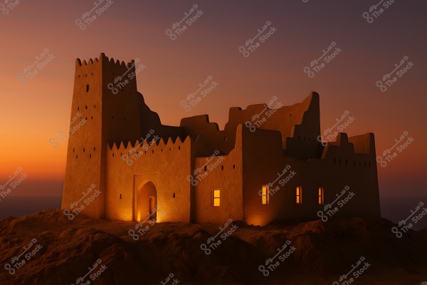 Image of a traditional mud fortress under sunset lighting, characterized by its high earthen walls adorned with symmetrical openings. The structure is positioned on a rocky hill overlooking an open landscape, with the sky displaying gradient hues of red and deep orange.