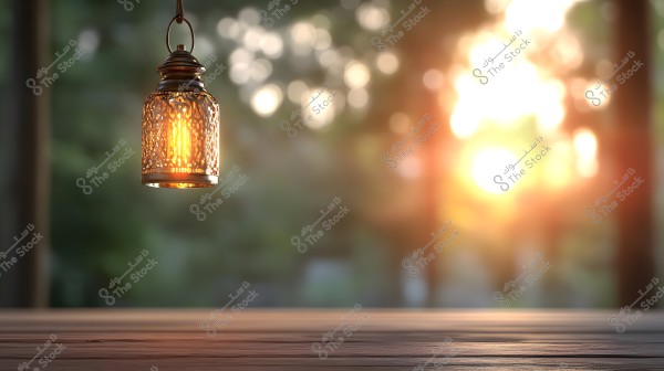 The image shows a decorative copper lantern hanging in the air, emitting a warm light. The background features a blurred natural scene with bright sunset light filtering through trees.