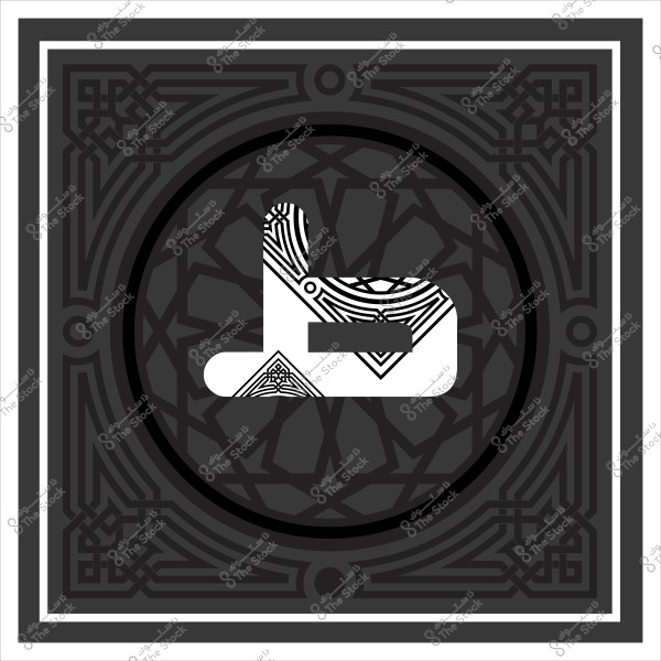 A decorative design featuring the Arabic letter \"خ\" drawn in white with black details inspired by traditional Islamic motifs. The background consists of a complex geometrical pattern in black and gray, adding depth to the design. The outer square frame contains complementary ornamental details.