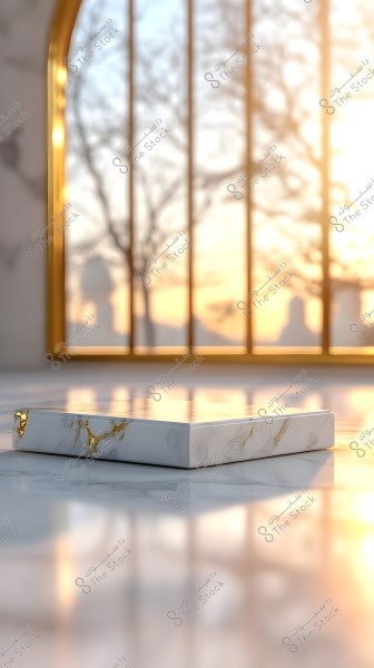 Image of a marble box with golden accents placed on a shiny marble surface. Behind it, sunlight streams through a large window with a golden frame, and in the background, a blurred view of trees is visible.