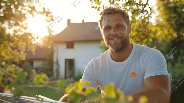 A portrait of a smiling man wearing a white T-shirt, sitting in an open area with trees in the background. The image captures the golden sunlight in the backdrop, creating a serene and natural ambiance. A house with a sloped roof is visible in the background. The man appears to be enjoying the outdoor setting.