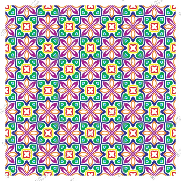 نمط زخرفي بخلفية بيضاء يضم أشكالاً هندسية زهرية بألوان متعددة مثل البنفسجي والأخضر والبرتقالي والأحمر, تترتب في تنسيق متكرر.