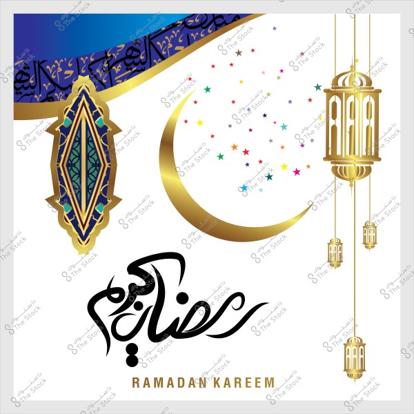 صورة تحتوي على تصميم يضم هلالاً ذهبياً وفوانيس مزخرفة وعبارة "رمضان كريم" بالخط العربي.