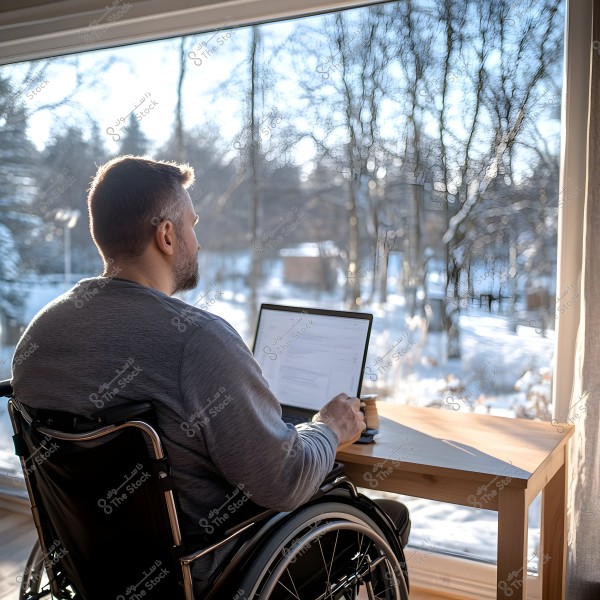 A man seated in a wheelchair by a large window overlooking a snowy outdoor scene. He is wearing a gray shirt and working on a laptop placed on a wooden table. Natural light is streaming through the window, giving the room a warm ambiance.