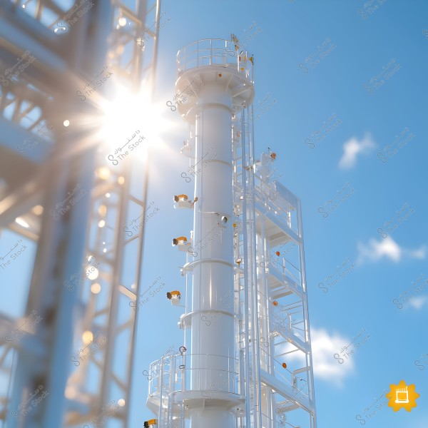 An image of a white oil refinery tower under bright sunlight, with a clear blue sky and a few clouds. A part of the metallic structure is visible in the front right side of the image.