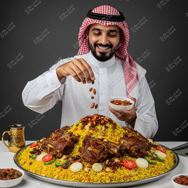 صورة لرجل يرتدي ثوبًا أبيض وغطاء رأس تقليديًا يشبه الشماغ, يجلس أمام طبق كبير من الكبسة, وهي وجبة تقليدية في الدول الخليجية, تحتوي على أرز أصفر قطع لحم وقطع طماطم وبصل وفلفل ومكسرات. يبدو الرجل سعيدًا وهو يرش المكسرات على الكبسة. الخلفية رمادية بسيطة ويوجد إبريق فضي على الطاولة بجانبه.
