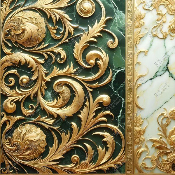 An image of intricate bas-relief featuring ornate golden floral patterns with circular designs and elaborately decorated leaves on a dark green background. The right side of the image shows matching details but on a white marble background with green veining. The design conveys a sense of luxury and classic elegance.