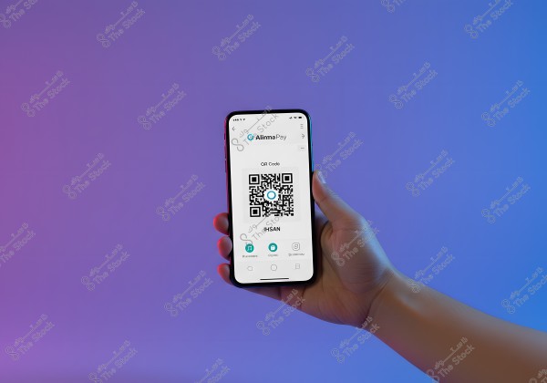 The image shows a hand holding a mobile phone displaying the screen of the \"AlinmaPay\" digital payment app. The app shows details containing a QR code with \"IHSAN\" written in the middle. The background has gradient colors of blue and purple.