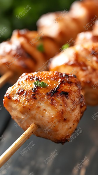 Image of seasoned and grilled chicken pieces on wooden skewers, showing good browning and dark grill marks, with a small piece of parsley decorating the surface. The background is blurred, highlighting the details of the grilling.