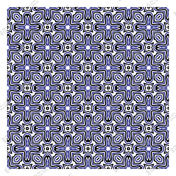 Repeated geometric pattern in black, white, and blue with interlocking shapes resembling crosses and stars.