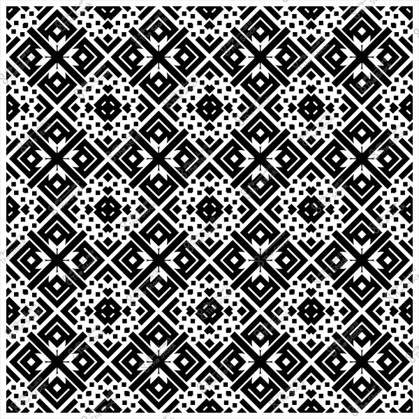 نمط هندسي بالأبيض والأسود يتكون من أشكال متكررة من المربعات والماس والمثلثات الصغيرة.