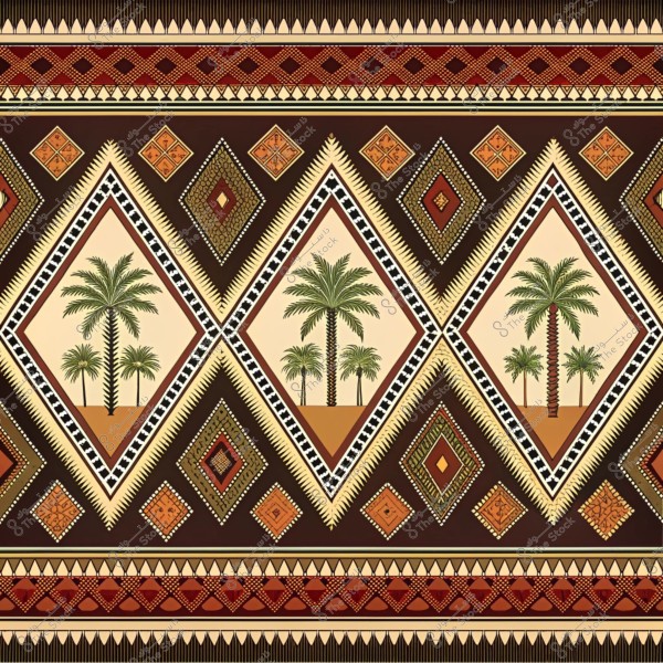 تصميم تقليدي عربي يتميز بنمط هندسي معقد على خلفية بنية داكنة. يحتوي التصميم على أشكال ماسية تحوي بداخلها تفاصيل أشجار نخيل. الألوان الأساسية هي البني, البرتقالي, والبيج, مع تداخلات في النقوشات.