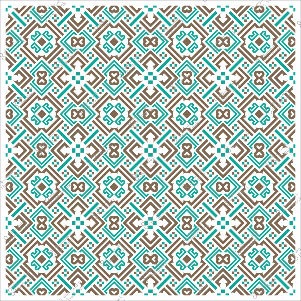 Geometric decorative pattern in brown and teal with a repeating design.