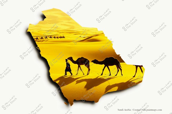 An image depicting the map of Saudi Arabia. The interior of the map is filled with a desert scene of golden sand, showing a man in traditional attire walking alongside camels. In the background, a line of camels is moving horizontally.