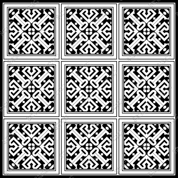 نمط أرابيسك أبيض وأسود مكون من تسع مربعات مكررة تحتوي على تصميم هندسي معقد.