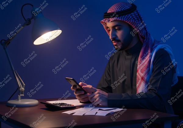 A portrait of a man wearing a traditional ghutra and agal along with a thobe, seated at a desk with documents and a calculator. A desk lamp illuminates the scene while the man uses a mobile phone. The image suggests a nighttime setting with soft lighting.