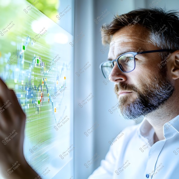 A man wearing glasses and a white shirt looks towards a screen displaying graphical analysis. The screen shows various colored graphs and lines. The lighting in the image is bright, and the man appears focused on the displayed data.