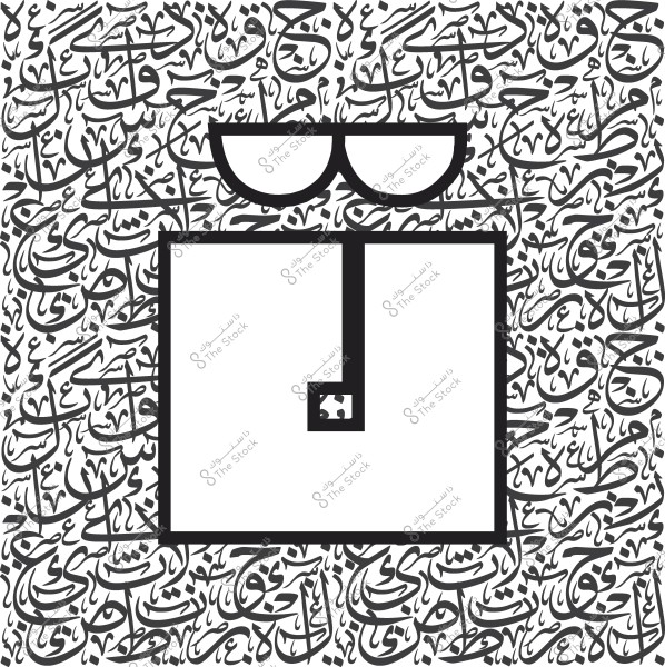 A design combining modern Arabic calligraphy with abstract art. The background features ornate Arabic text in black and white, while the foreground showcases a simple geometric shape that can be interpreted as a face or symbol, merging contemporary art with Islamic cultural heritage.

-