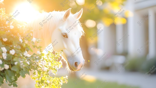 An image of a white horse\'s head peeking through green leaves with white flowers, bathed in bright sunlight. The picture features warm lighting and a serene natural atmosphere.