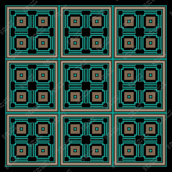 نمط هندسي متماثل مكون من تسع مربعات بتصميم متكرر بألوان البني والأسود والأزرق.