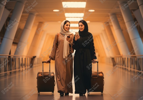 Two women walk side by side in a modern airport hallway, each pulling a brown suitcase. The woman on the left wears a light brown abaya and a light-colored hijab, while the woman on the right wears a black abaya and a black hijab. Both are holding mobile phones and appear happy as they converse. The warm lighting creates a comfortable atmosphere in the scene.