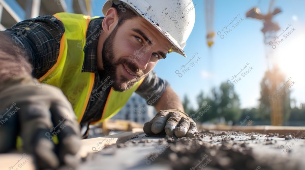 Image of a construction worker wearing a white hard hat and a yellow safety vest, leaning over a construction surface. His gloved hand is placed on wet concrete. Background shows construction equipment and bright sunlight.