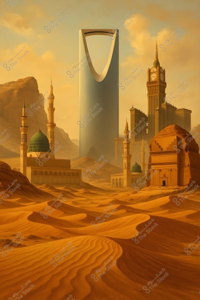 The image depicts an artistic scene combining iconic architectural symbols of Saudi Arabia surrounded by vast desert. In the foreground, the rippling sand dunes prominently display the beauty of the desert. In the background, the famous Kingdom Tower in Riyadh stands tall, along with other notable structures like the Makkah Clock Tower and traditional Islamic domes and minarets.