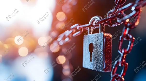 Close-up image of a silver metallic padlock fastened to a red metal chain. The background features a bokeh effect, creating soft circular light spots in warm tones like orange and red.