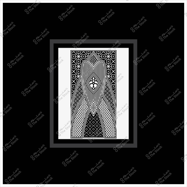 Black and white geometric pattern in a frame with black edges, featuring intersecting lines and repeating shapes.