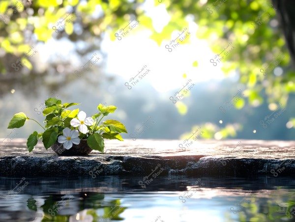 An image of small white flowers with green leaves placed in a container on a stone ledge. The background is blurred, showing sunlight filtering through green trees, creating a serene and picturesque natural atmosphere. The bottom of the image shows a reflection in calm water.