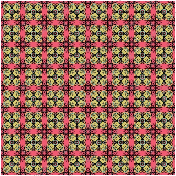 Repetitive decorative pattern consisting of geometric shapes in red, yellow, and green colors.