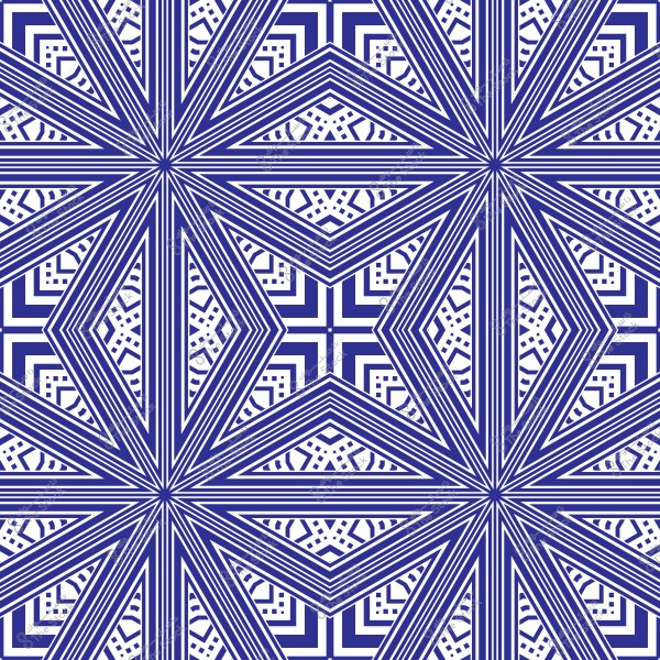 نمط زخرفي يحتوي على تصميم هندسي مكرر بلون أزرق وأبيض. يحتوي التصميم على خطوط متوازية وأشكال متداخلة على شكل معينات تضفي مظهراً ثلاثي الأبعاد, تلتقي في مركز كل قسم لتشكل نجوماً هندسية.