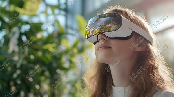 A woman wearing virtual reality goggles is looking upwards in a brightly lit natural setting. The background includes green plants and natural light. Her facial expression is calm and focused.