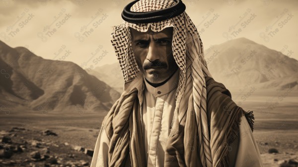 A picture of a Saudi man expressing heritage and history, wearing Saudi clothes and with mountains behind him by Ai .