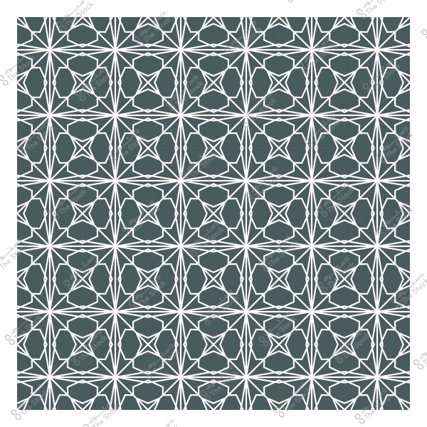 نمط هندسي متماثل بأشكال نجوم ومضلعات باللون الأبيض على خلفية خضراء داكنة.